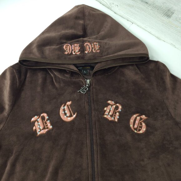 BCBG MAXAZRIA BROWN VELVET VELOUR EMBROIDERED HOODED SWEATER WOMEN'S SIZE LARGE - Picture 4 of 16